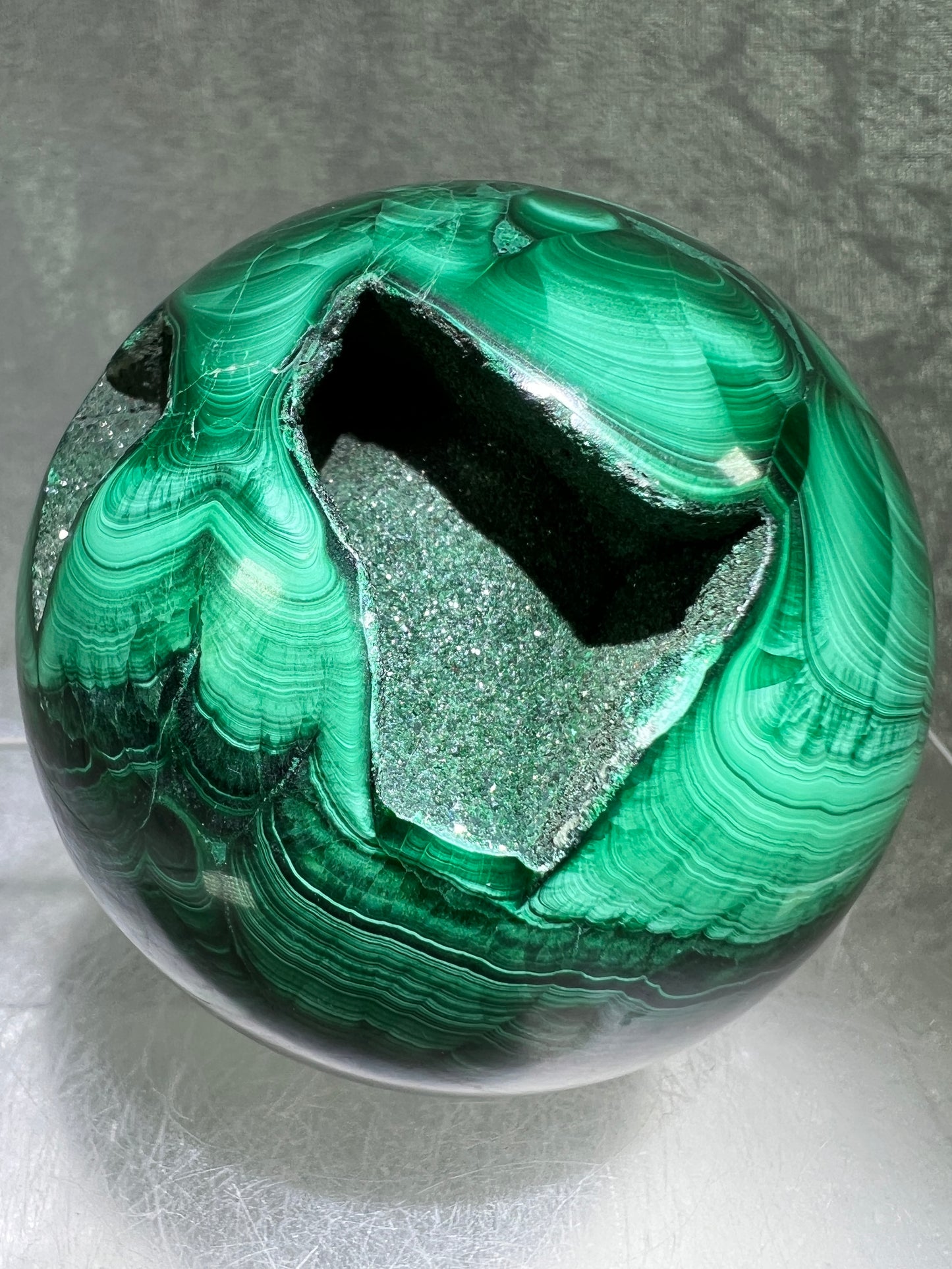Malachite Crystal Sphere. 72mm. Gorgeous Large Druzy Malachite. Very High Quality Rare Display Sphere.