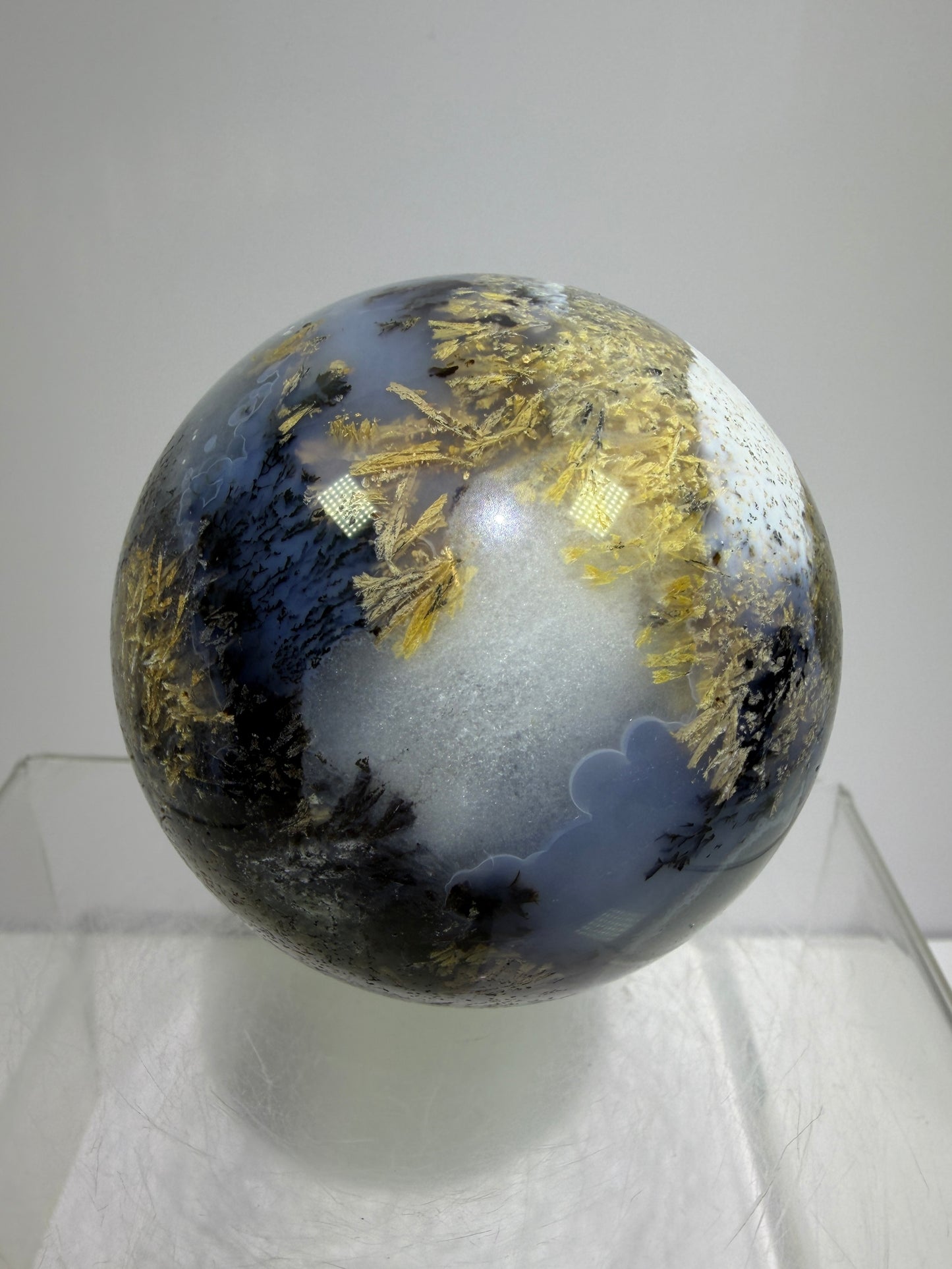 Sagenite Crystal Sphere. 66mm. Incredible Sagenite Plumes With Dendritic Agate. Rare And Unique Crystal Display Sphere