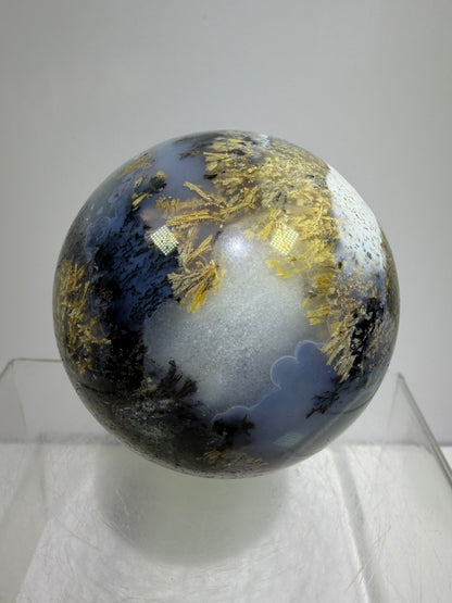 Sagenite Crystal Sphere. 66mm. Incredible Sagenite Plumes With Dendritic Agate. Rare And Unique Crystal Display Sphere