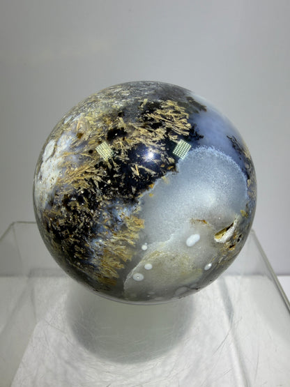 Sagenite Crystal Sphere. 66mm. Incredible Sagenite Plumes With Dendritic Agate. Rare And Unique Crystal Display Sphere
