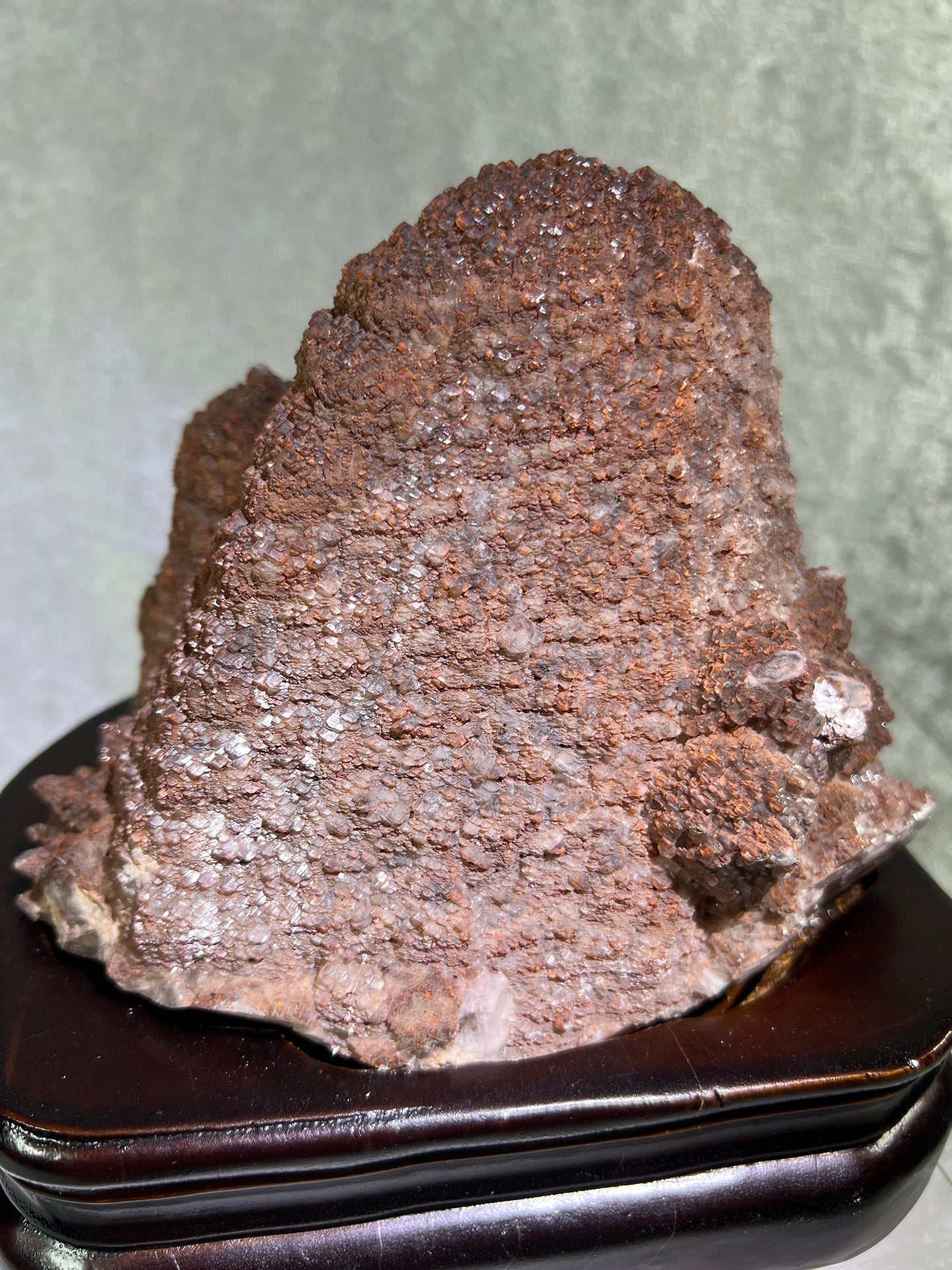 Red Pagoda Calcite With Hematite Inclusions. 5.3 lbs. Stunning Large Flashy Calcite Display Specimen. Includes Custom Wooden Stand