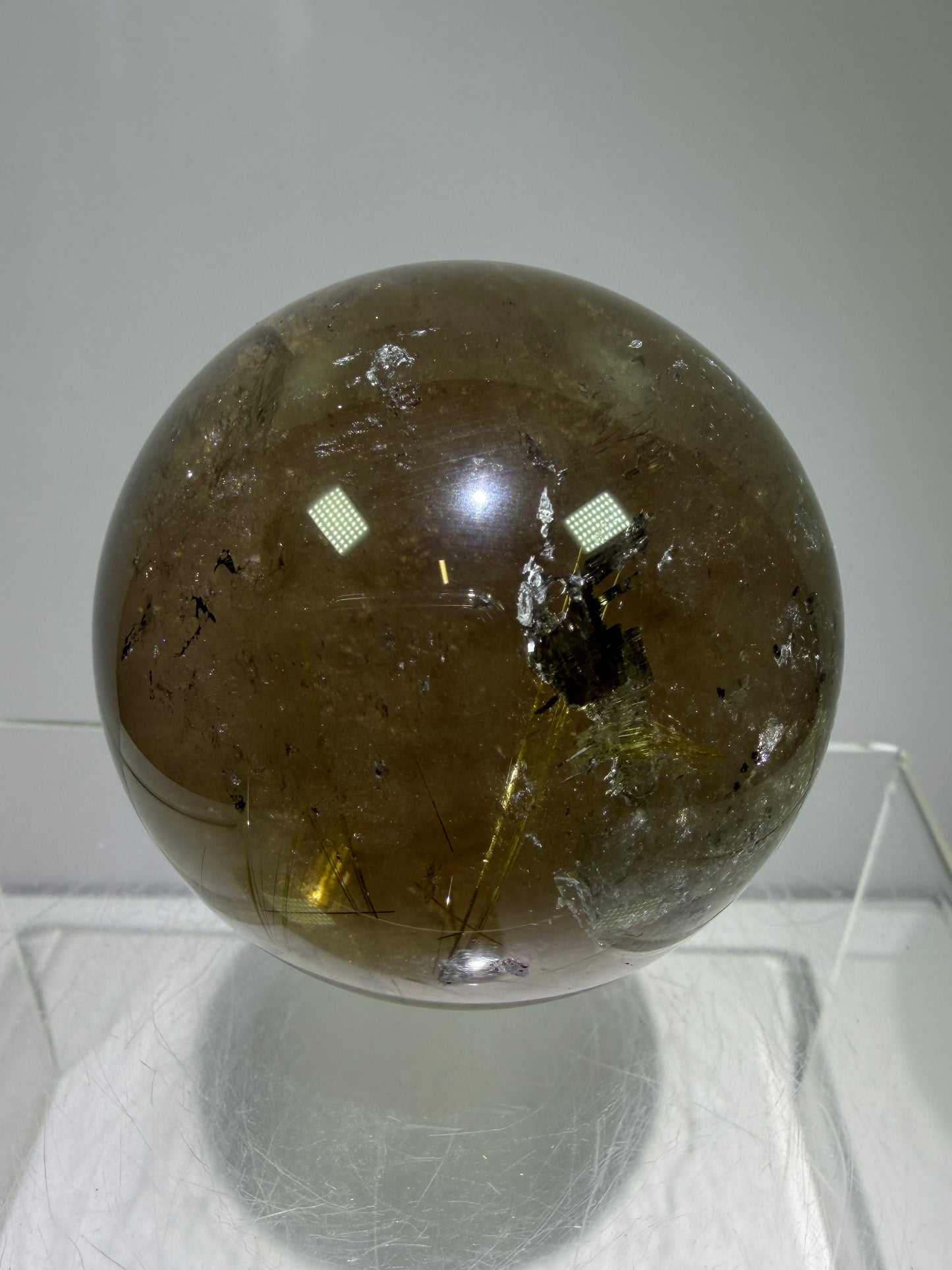 Rutile Quartz Sphere. 58mm. Unique Smoky Quartz With Beautiful Golden Rutile Inclusions.