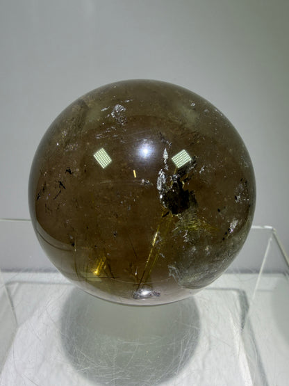 Rutile Quartz Sphere. 58mm. Unique Smoky Quartz With Beautiful Golden Rutile Inclusions.