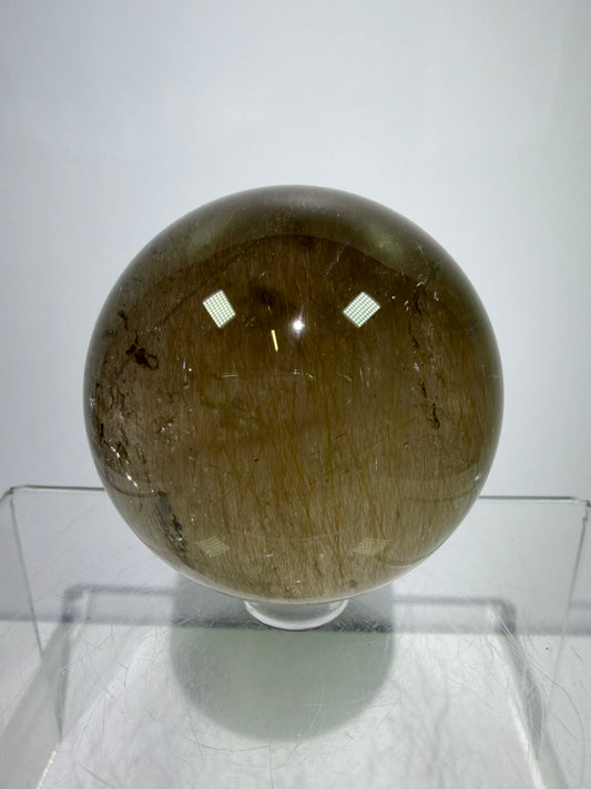 Rutile Quartz Sphere. 55mm. Unique Smoky Quartz With Stunning Golden Rutile Inclusions.