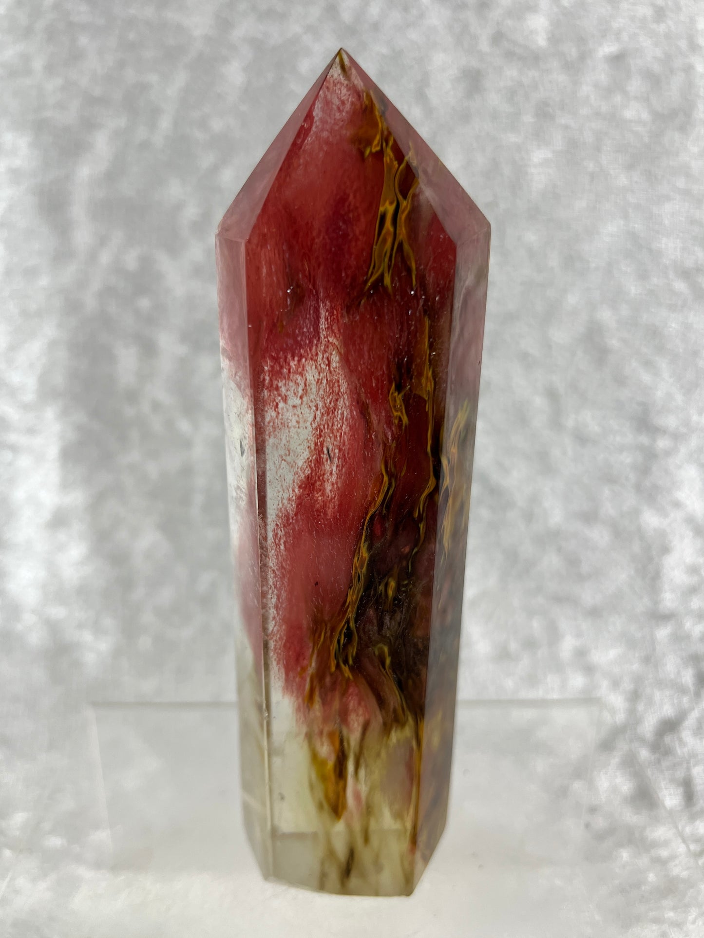 Smelting Quartz Tower. Gorgeous And Large Display Tower. Stunning Colors And Patterns. Incredible Red Tiger Skin Patterns.