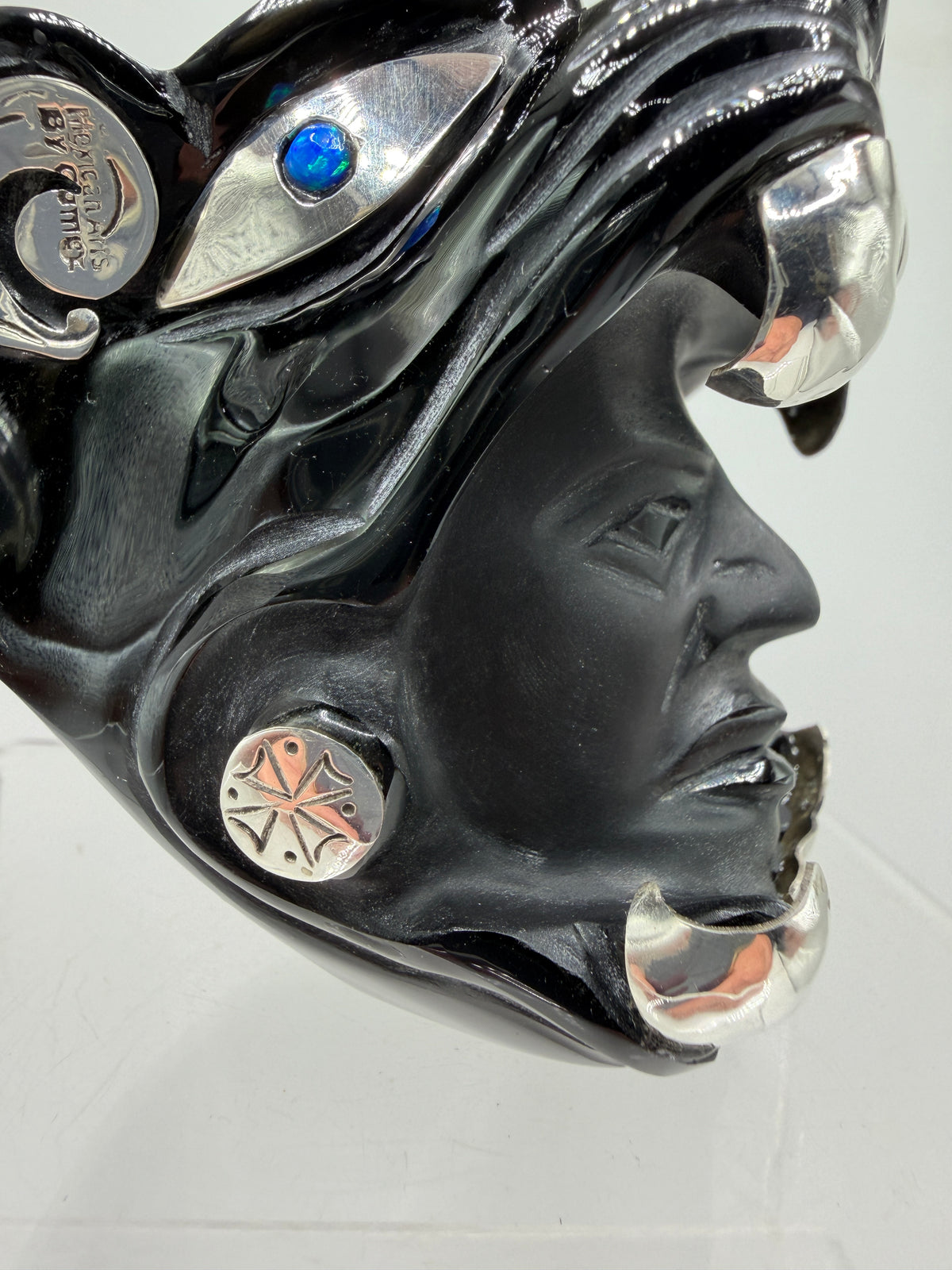 Carved Jaguar Warrior Head. Gorgeous Hand Carved Obsidian Aztec Art. One Of A Kind Obsidian, Silver, And Opal Collectors Item.
