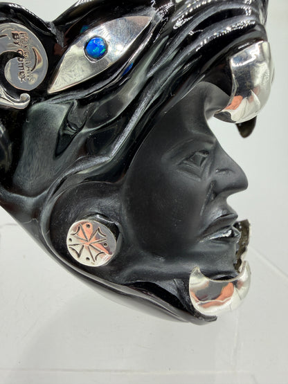 Carved Jaguar Warrior Head. Gorgeous Hand Carved Obsidian Aztec Art. One Of A Kind Obsidian, Silver, And Opal Collectors Item.