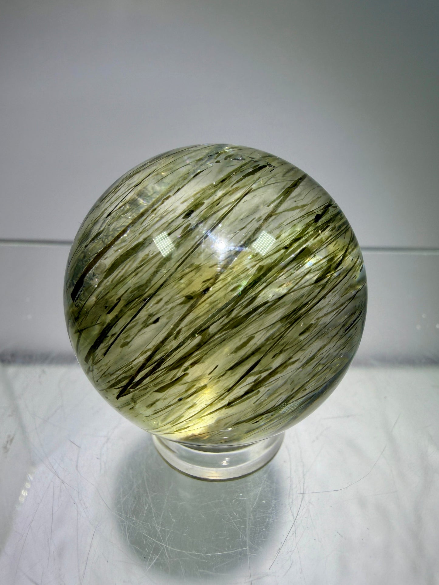 Green Tourmaline Quartz Sphere. Incredible Green Rutile Sphere. Tourmalinated Quartz Display Crystal