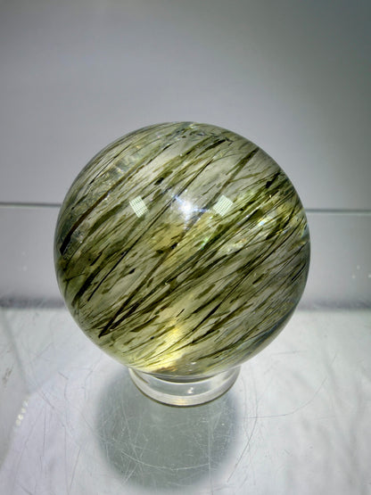 Green Tourmaline Quartz Sphere. Incredible Green Rutile Sphere. Tourmalinated Quartz Display Crystal