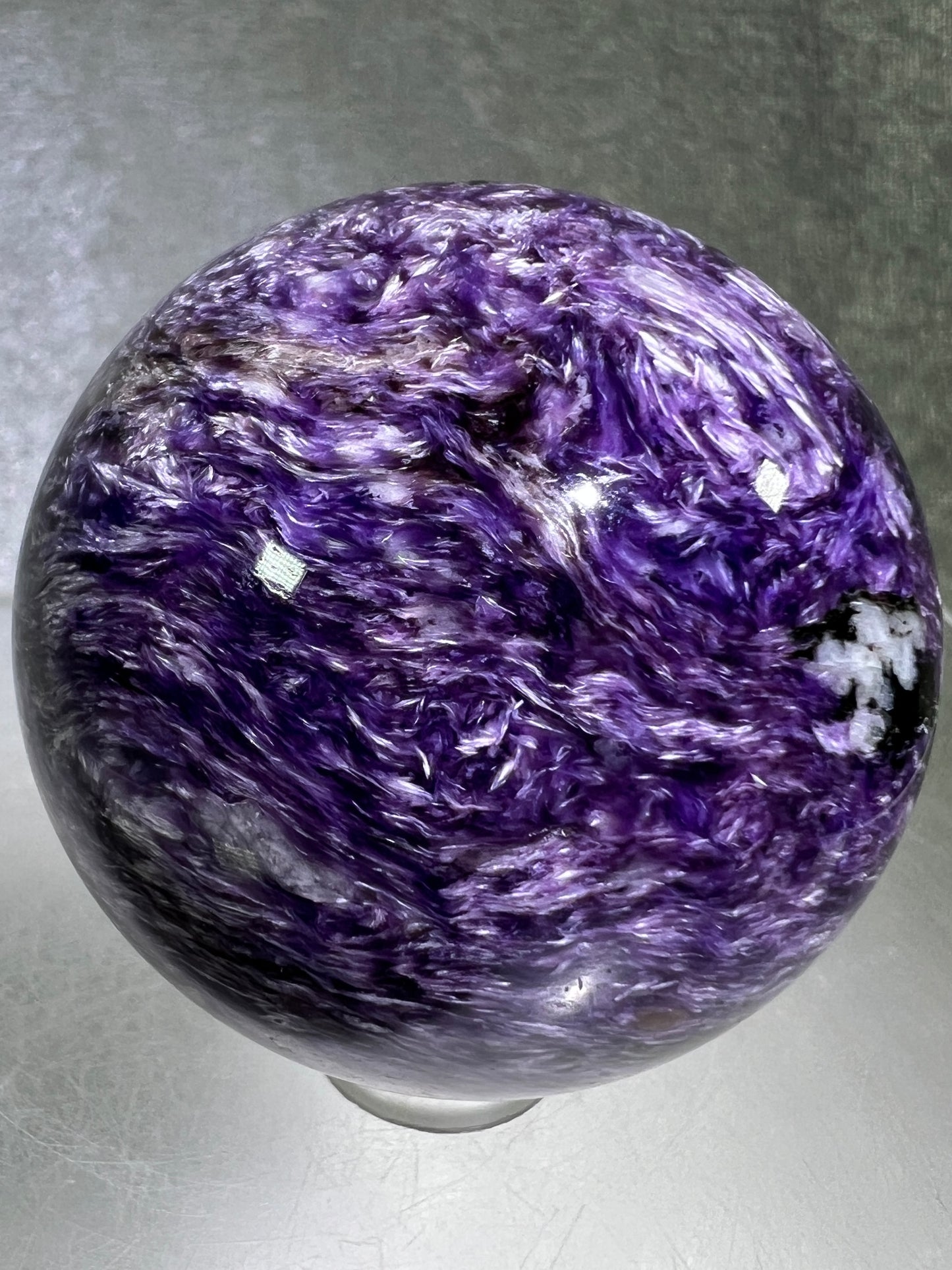 Charoite Crystal Sphere. 49mm. High Quality Beautiful Crystal. Amazing Patterns And Flash. Stunning UV Reaction.