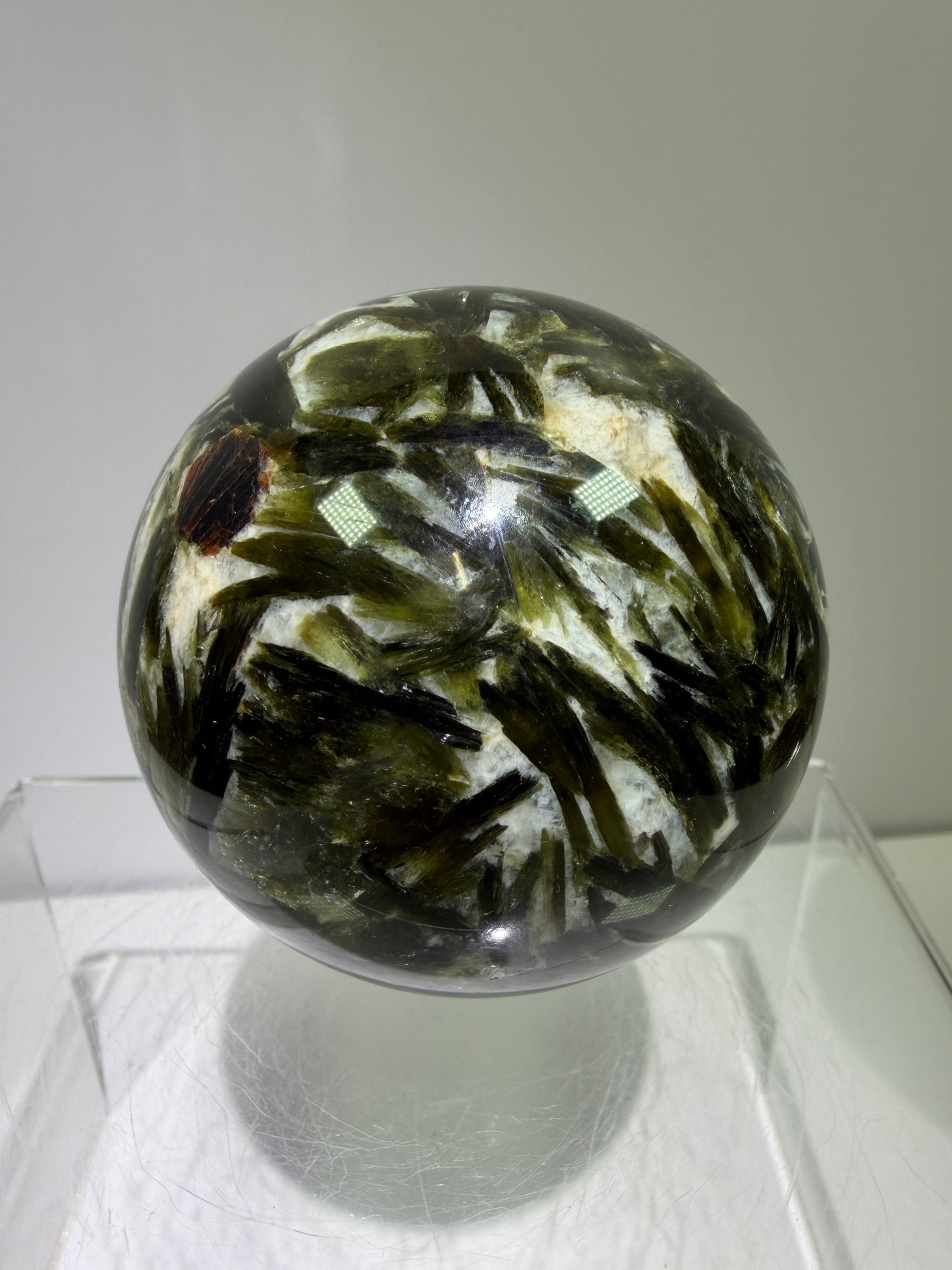 Green Mica And Garnet Sphere. 65mm. Rare Flashy Green Mica With Red Garnet. Gorgeous High Quality Crystal.