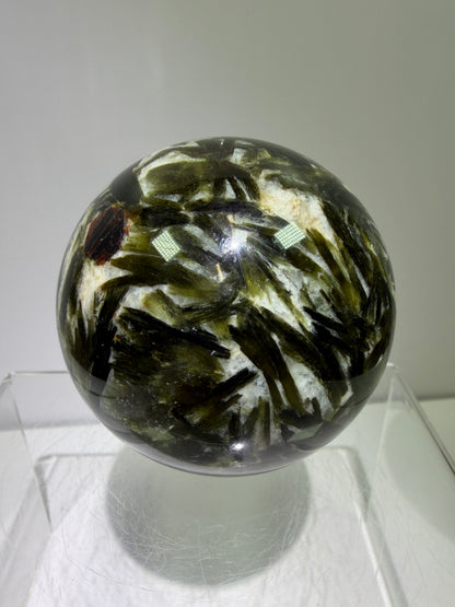 Green Mica And Garnet Sphere. 65mm. Rare Flashy Green Mica With Red Garnet. Gorgeous High Quality Crystal.