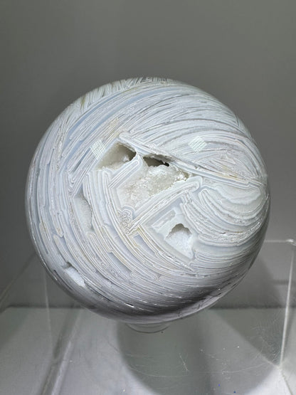 White Mexican Crazy Lace Sphere. 66mm. Beautiful Mexican Agate Sphere. Incredible Druzy And Banding.
