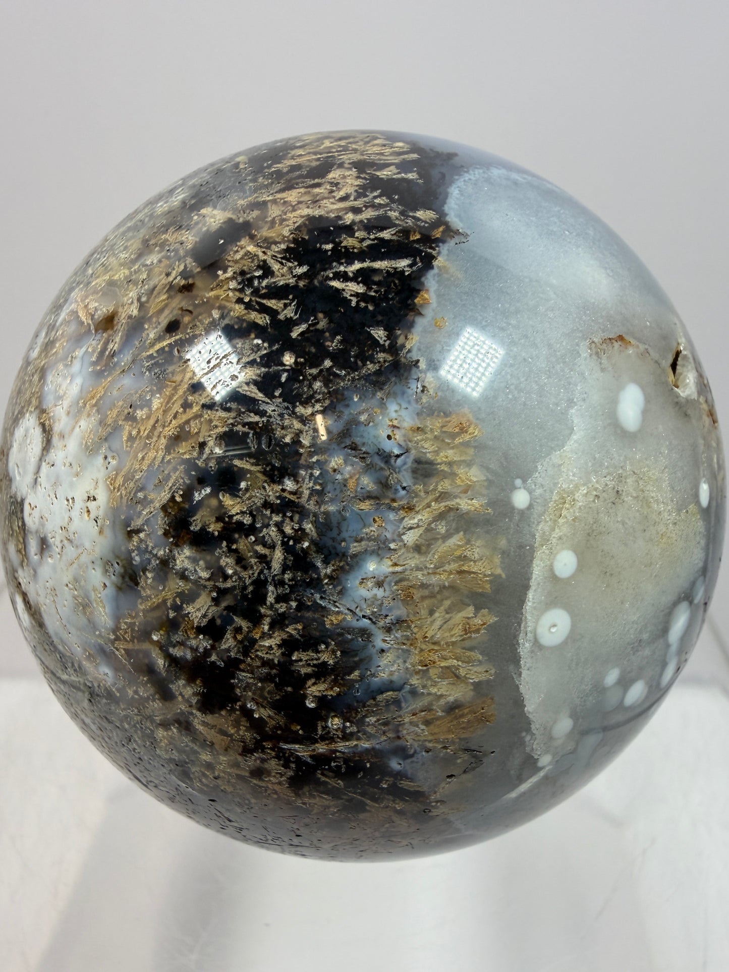 Sagenite Crystal Sphere. 66mm. Incredible Sagenite Plumes With Dendritic Agate. Rare And Unique Crystal Display Sphere