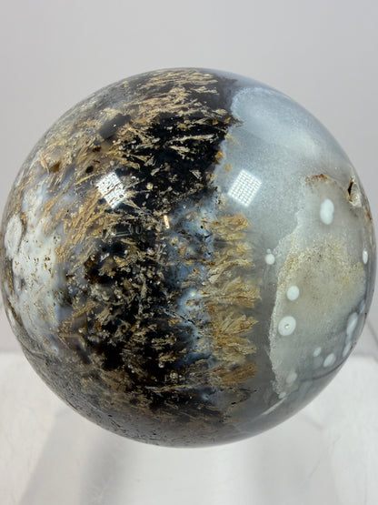 Sagenite Crystal Sphere. 66mm. Incredible Sagenite Plumes With Dendritic Agate. Rare And Unique Crystal Display Sphere