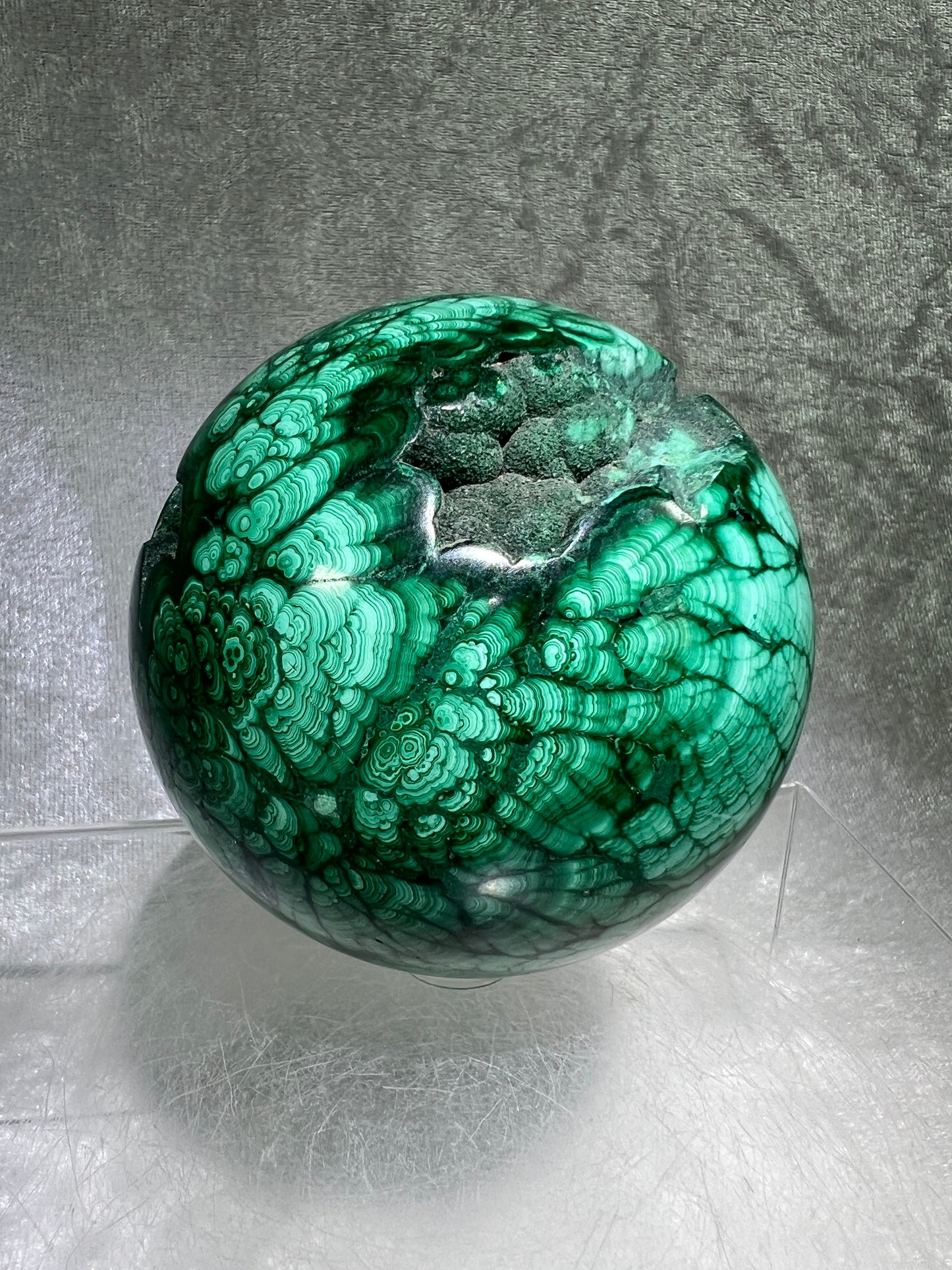 Malachite Crystal Sphere. 78mm. Incredible Large Druzy Malachite. Very High Quality Rare Display Sphere. Show Stopper!