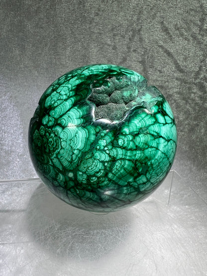 Malachite Crystal Sphere. 78mm. Incredible Large Druzy Malachite. Very High Quality Rare Display Sphere. Show Stopper!