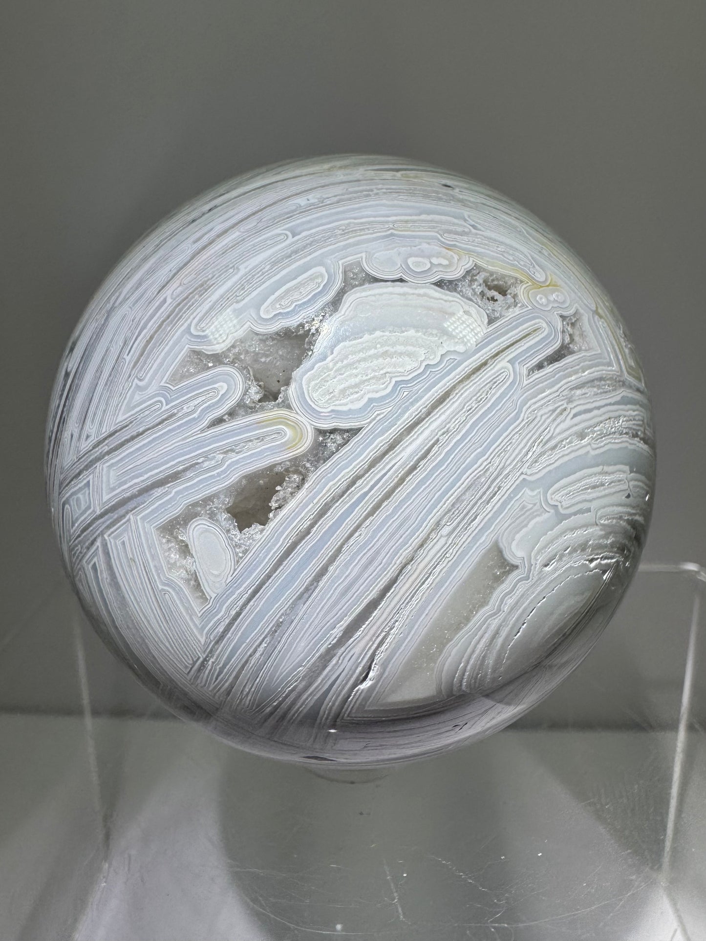 White Mexican Crazy Lace Sphere. 66mm. Beautiful Mexican Agate Sphere. Incredible Druzy And Banding.