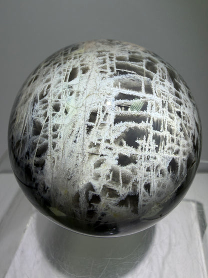 Black Moonstone Crystal Sphere. 66mm. Stunning Bright Silver Flash. High Quality Display Sphere