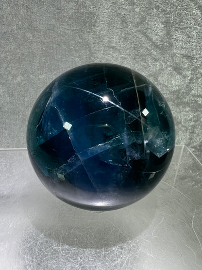 Blue Fluorite Sphere. 61mm. Gorgeous Rare Blue Fluorite. Amazing Dendritic And Rainbow Inclusions.