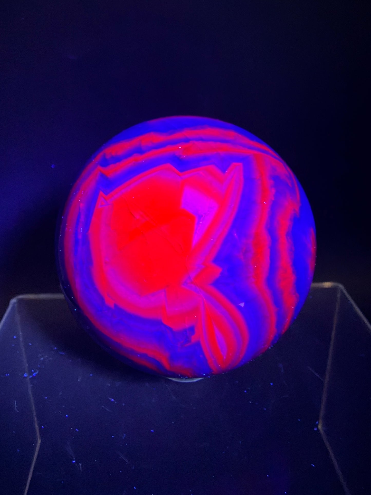 Black Rose Fluorite Sphere. 63mm. Incredible UV Reactive Crystal With Rainbows. Bright Red And Purple Reaction. Rare Display Sphere.