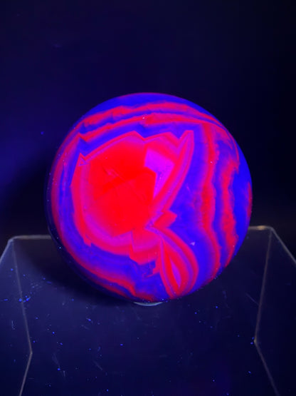 Black Rose Fluorite Sphere. 63mm. Incredible UV Reactive Crystal With Rainbows. Bright Red And Purple Reaction. Rare Display Sphere.