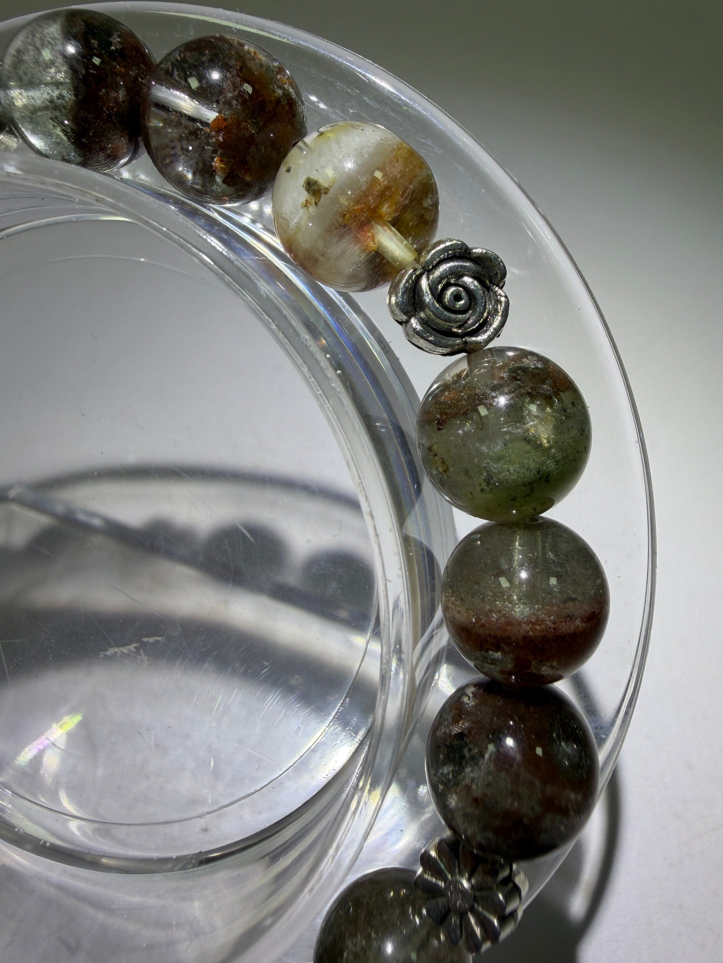 Garden Quartz Crystal Bead Bracelet. Incredible Lodolite Bracelet. 9.5mm. Amazing Flower Spacers.