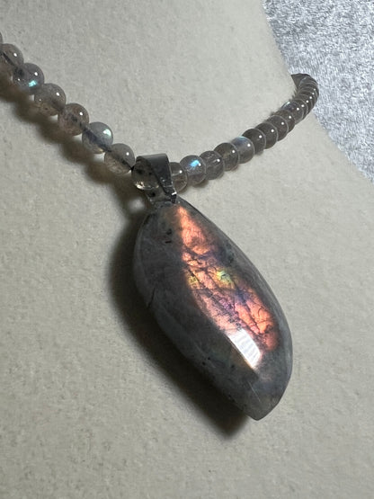 Labradorite Crystal Pendant. Stunning High Quality Jewelry. Custom Made Labradorite Beaded Necklace
