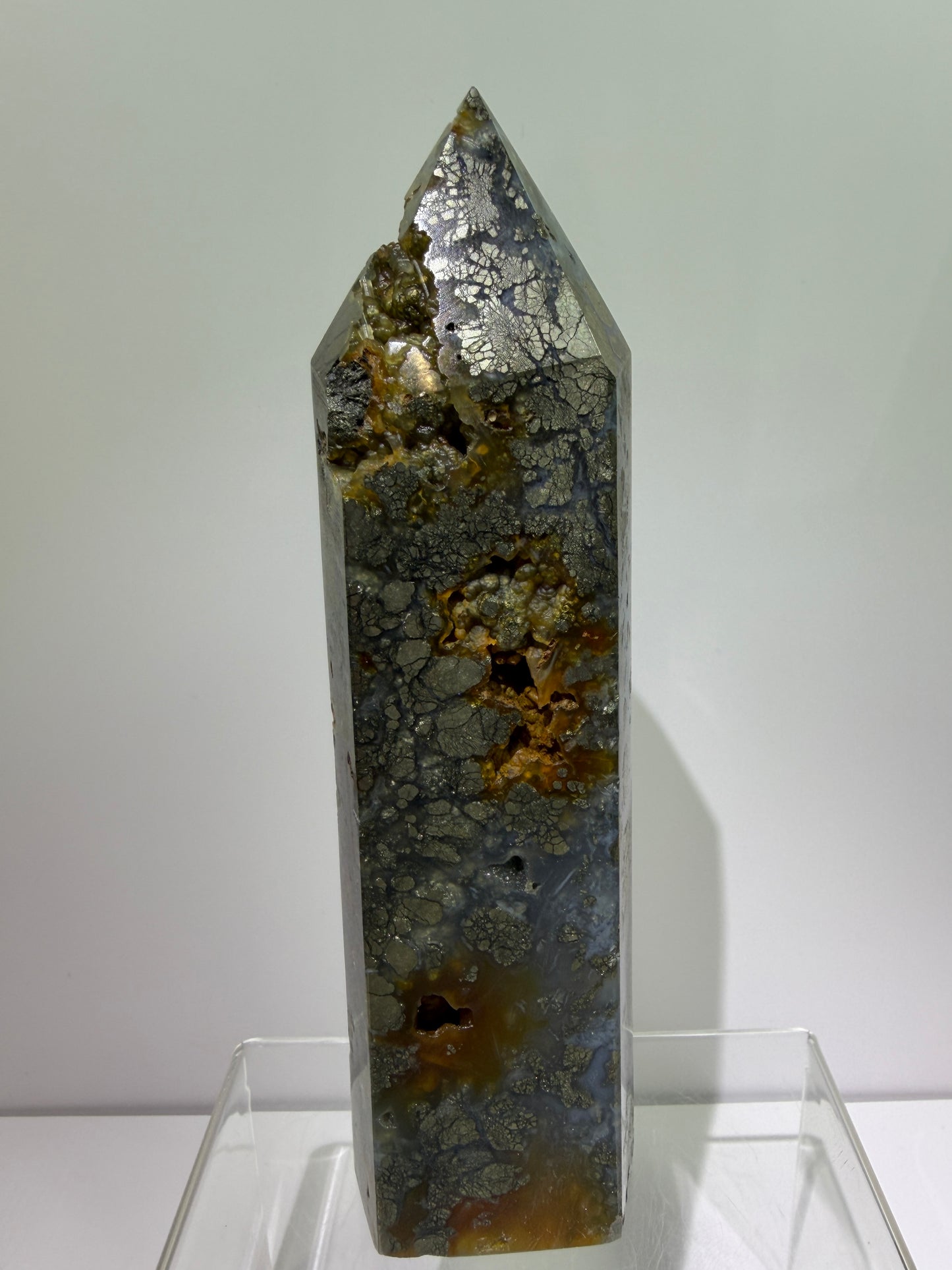 Pyrite And Chalcedony Druzy Tower. 6.75 Inches. Beautiful Display Tower With Stunning Druzy