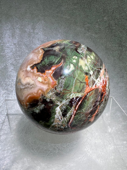 Money Agate Crystal Sphere. 78mm. Very Rare Shades Of Green. Stunning Indonesian Bloodstone. Amazing Colors And Patterns