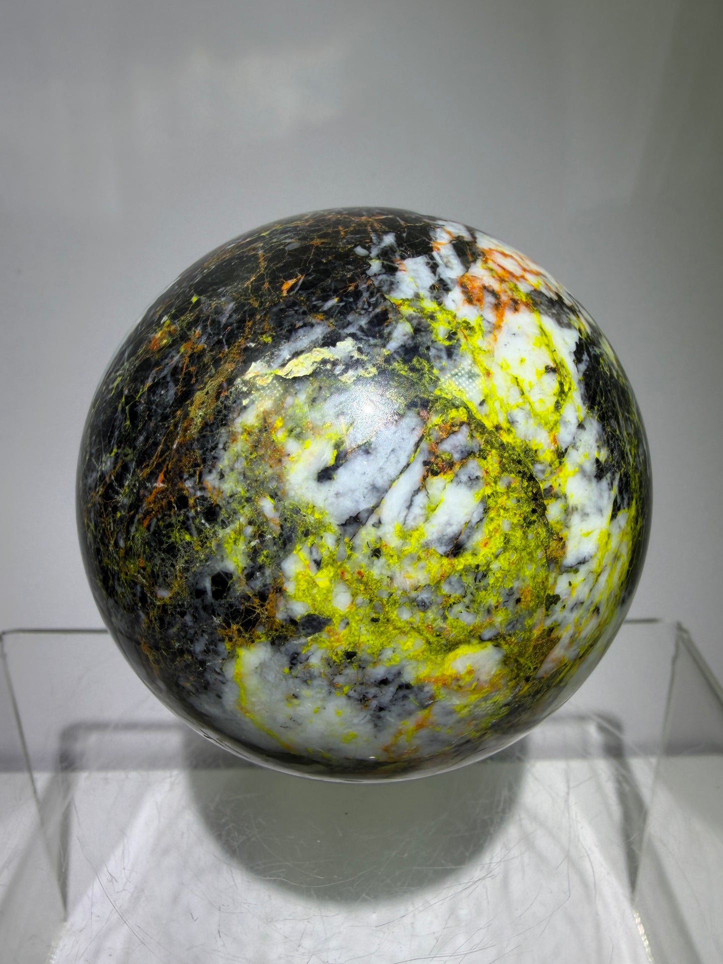 Realgar Crystal Sphere. 67mm. Rare Polished Display Sphere. Stunning Colors And Patterns