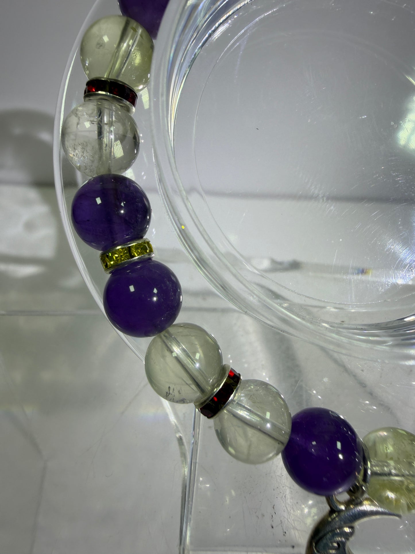 Amethyst And Citrine Crystal Bead Bracelet. 8mm. High Quality Bracelet With Amazing Spacers And Moon Charm.