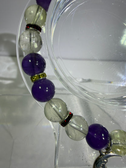 Amethyst And Citrine Crystal Bead Bracelet. 8mm. High Quality Bracelet With Amazing Spacers And Moon Charm.