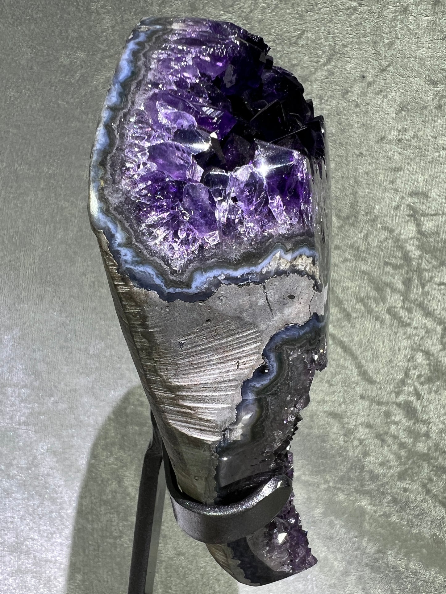 Amethyst Geode Specimen. World Class Uruguayan Specimen. Stunning Top Quality Statement Piece! Custom Made Steel Stand
