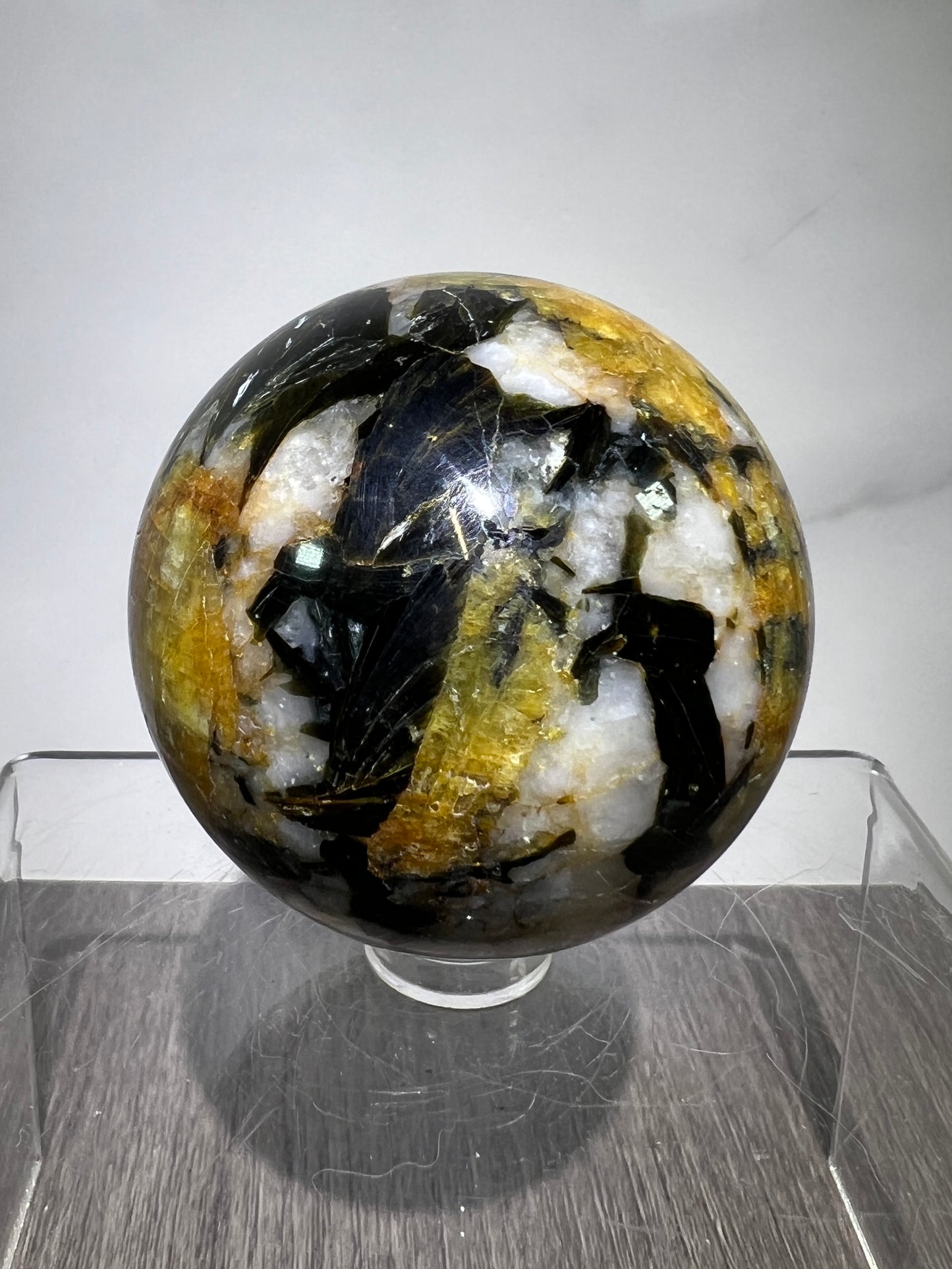 Yellow Tourmaline And Black Mica Sphere. 54mm. Rare New Discovery. Stunning And Flashy Display Sphere.