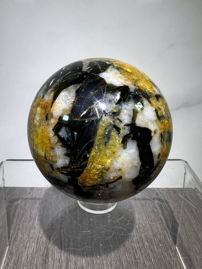 Yellow Tourmaline And Black Mica Sphere. 54mm. Rare New Discovery. Stunning And Flashy Display Sphere.
