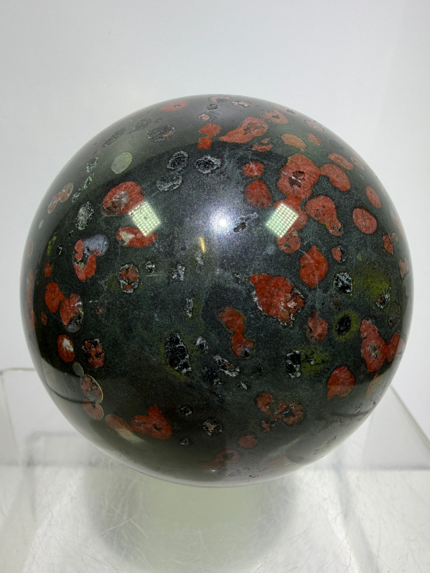Plum Blossom Jade Sphere: 72mm. Gorgeous Large Display Sphere. Beautiful Color Contrast