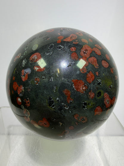 Plum Blossom Jade Sphere: 72mm. Gorgeous Large Display Sphere. Beautiful Color Contrast