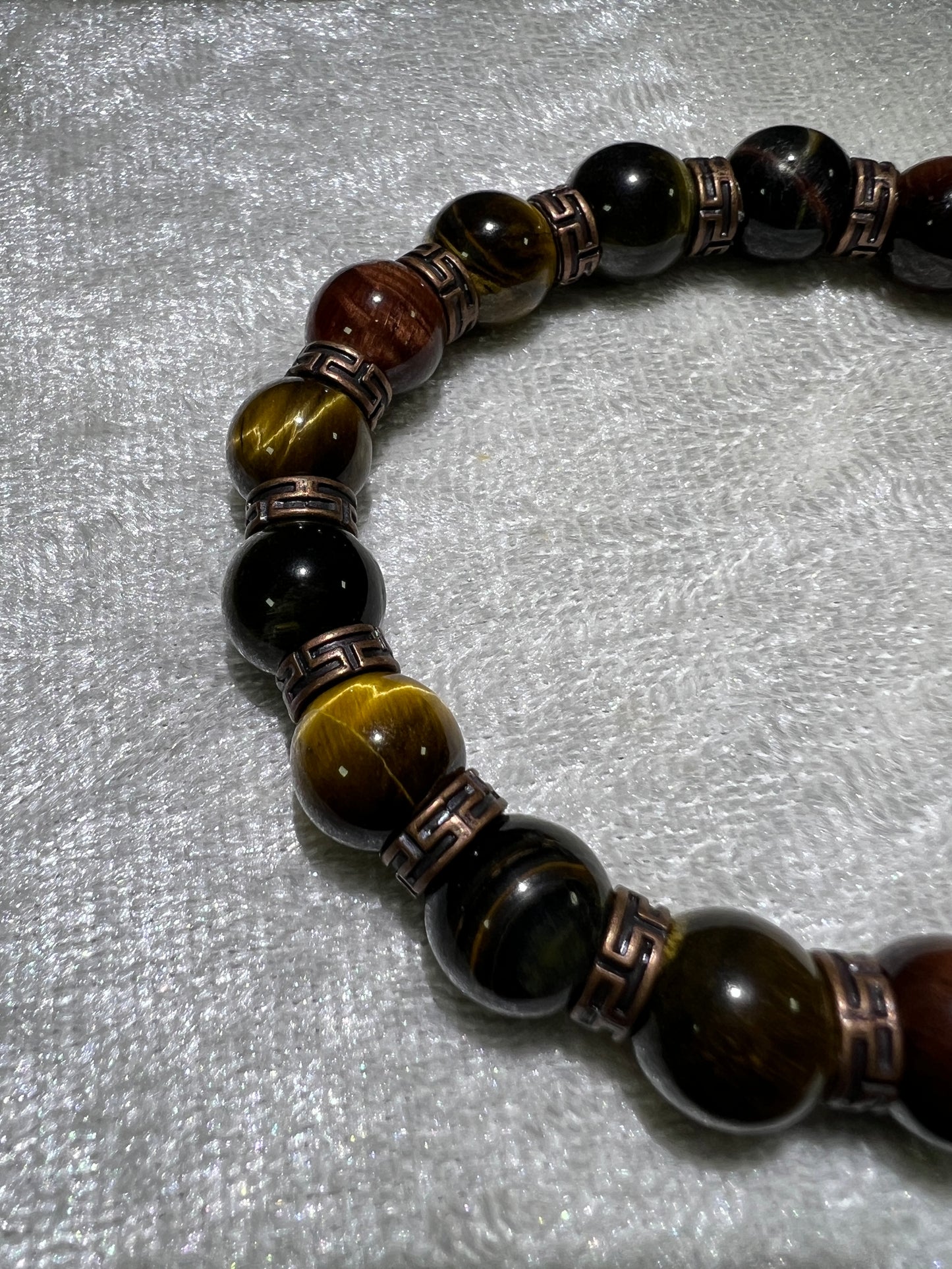 Tigers Eye Crystal Bead Bracelet. Beautiful Red, Blue, And Gold Tigers Eye Bracelet. 10mm. Amazing Bronze Color Spacers.