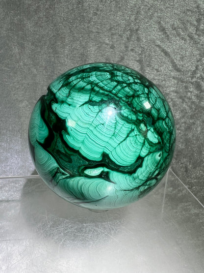 Malachite Crystal Sphere. 78mm. Incredible Large Druzy Malachite. Very High Quality Rare Display Sphere. Show Stopper!
