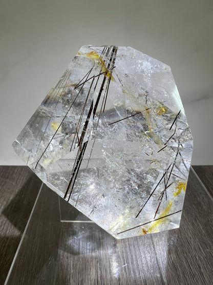 Tourmalinated Quartz Polished Freeform. Amazing Black Tourmaline, Golden Healer, And Large Rainbows.