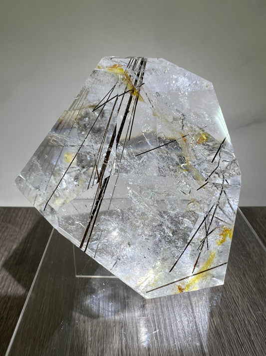 Tourmalinated Quartz Polished Freeform. Amazing Black Tourmaline, Golden Healer, And Large Rainbows.