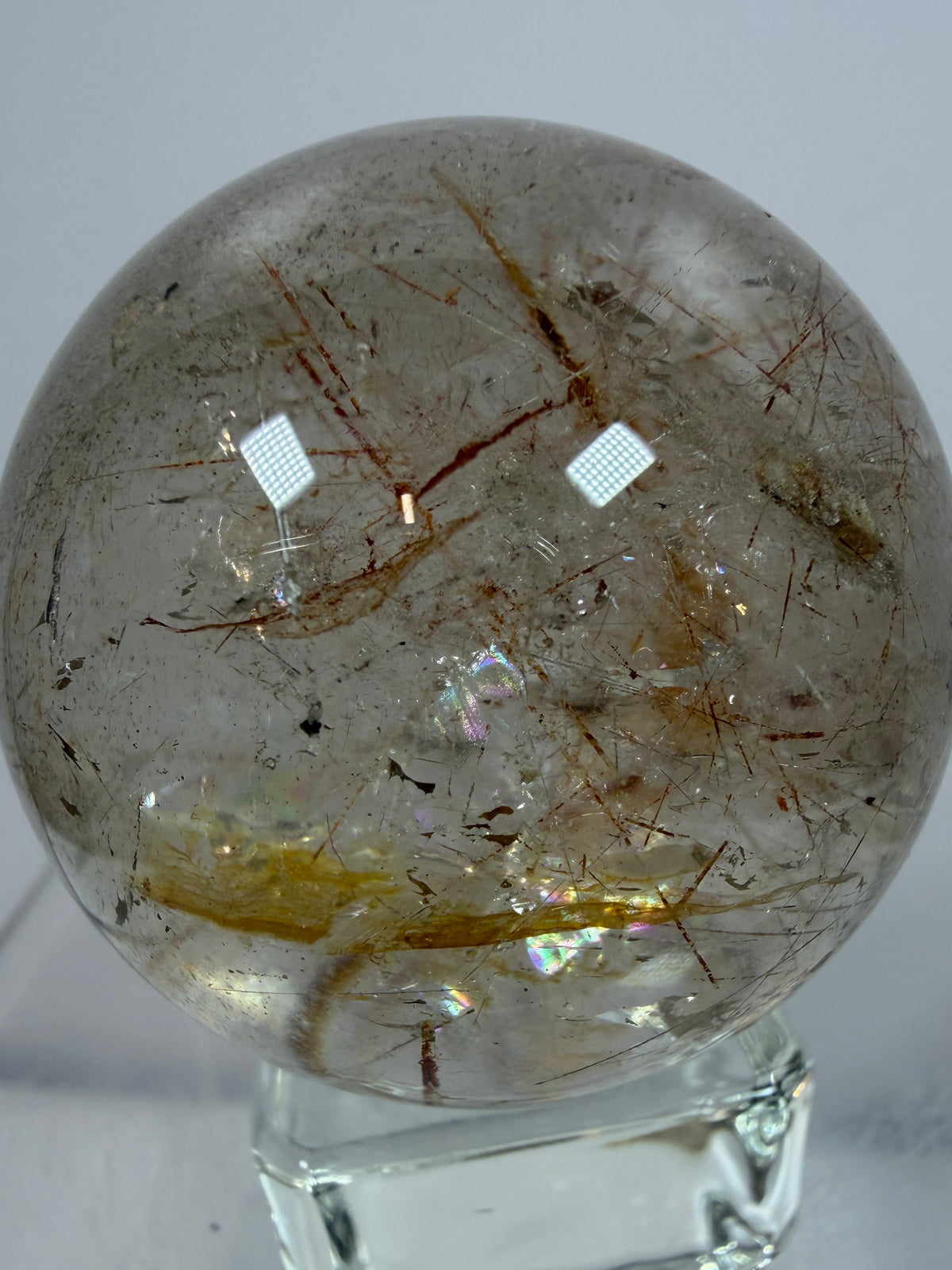 Rutile And Tourmaline Quartz Sphere. 43mm. Incredible Rainbows, With Phantoms And Spots Of Lodolite. Very Rare Display Sphere