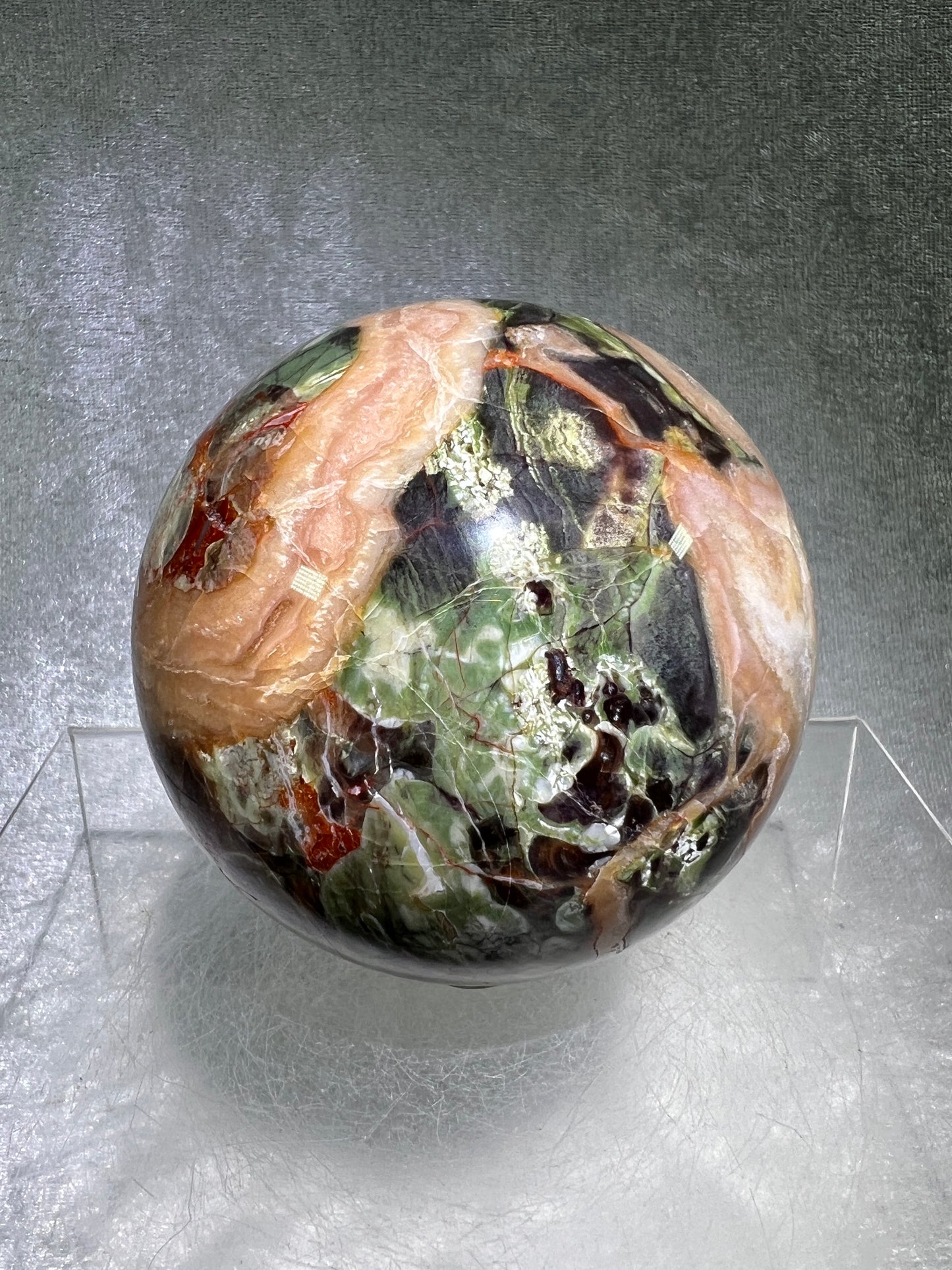 Money Agate Crystal Sphere. 78mm. Very Rare Shades Of Green. Stunning Indonesian Bloodstone. Amazing Colors And Patterns