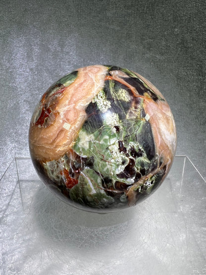 Money Agate Crystal Sphere. 78mm. Very Rare Shades Of Green. Stunning Indonesian Bloodstone. Amazing Colors And Patterns