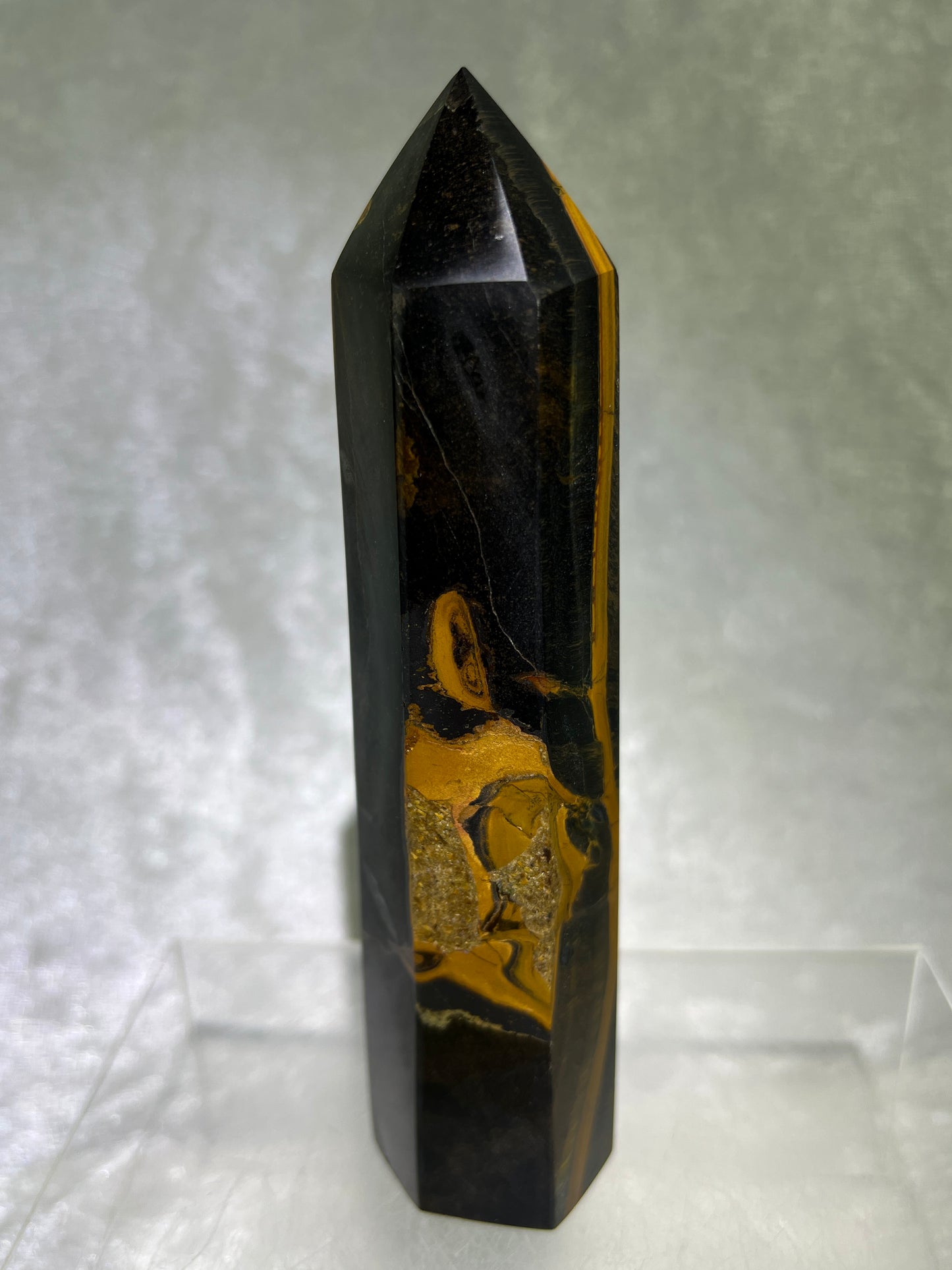 Blue Tigers Eye Tower. 5.85 Inches. Amazing Large Hawks Eye Crystal. Gorgeous Display Tower