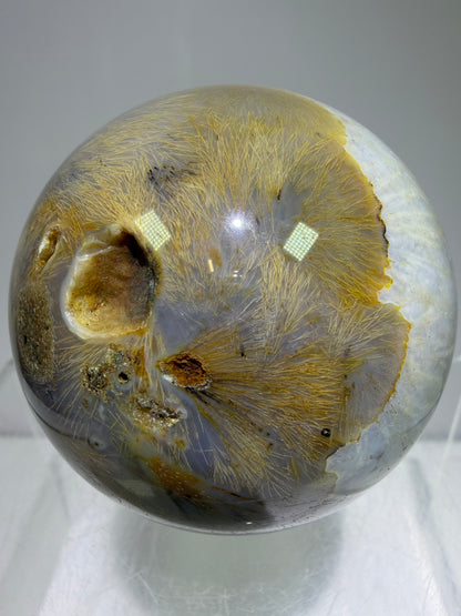 Sagenite Crystal Sphere. 61mm. Incredible Sagenite Plumes With Dendritic Agate. Rare And Unique Crystal Display Sphere