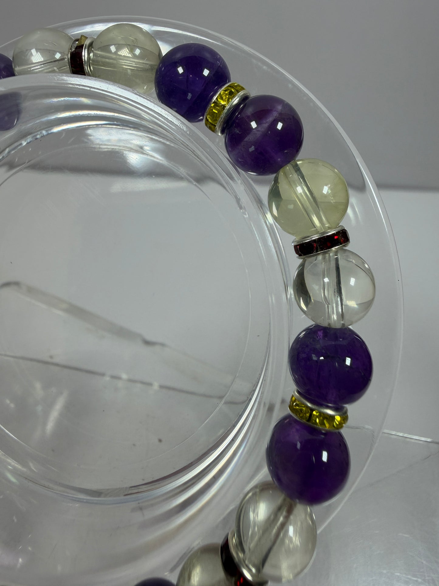 Amethyst And Citrine Crystal Bead Bracelet. 8mm. High Quality Bracelet With Amazing Spacers And Moon Charm.