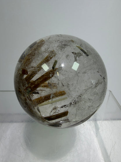 Tourmaline Quartz Sphere. Rare Tourmaline Sphere With Rainbows. Tourmalinated Quartz Display Crystal