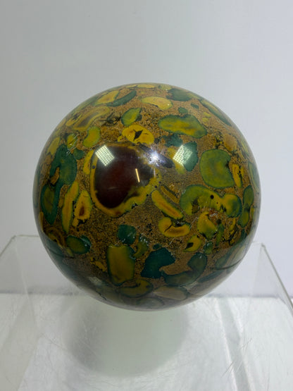 Fruit Jasper Sphere: 68mm Gorgeous Ajooba Jasper Sphere From India. High Quality Colorful Crystal
